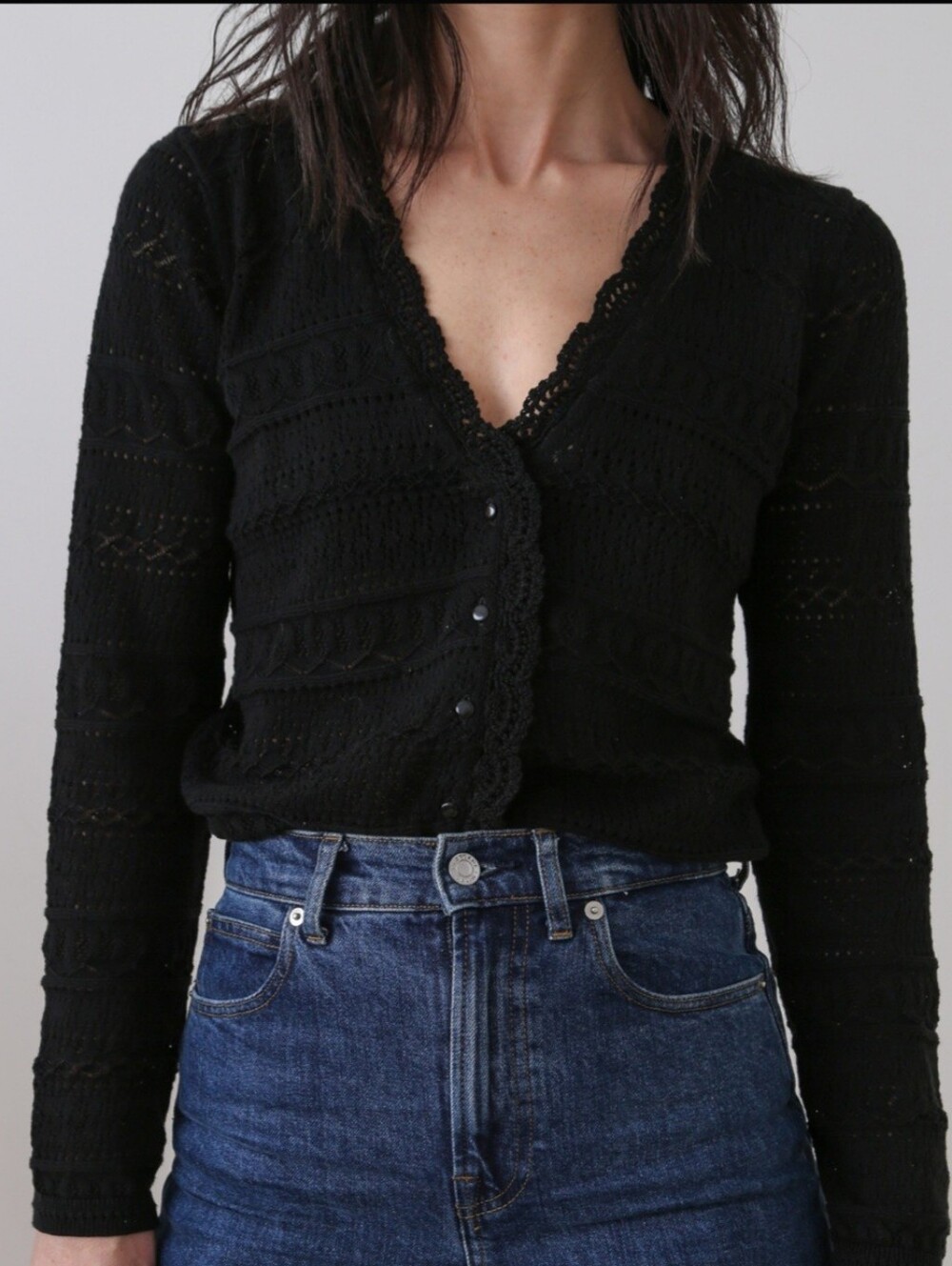 Sezane Keyla Black Cotton Pointelle Knit Cardigan Sweater Top Size XXS